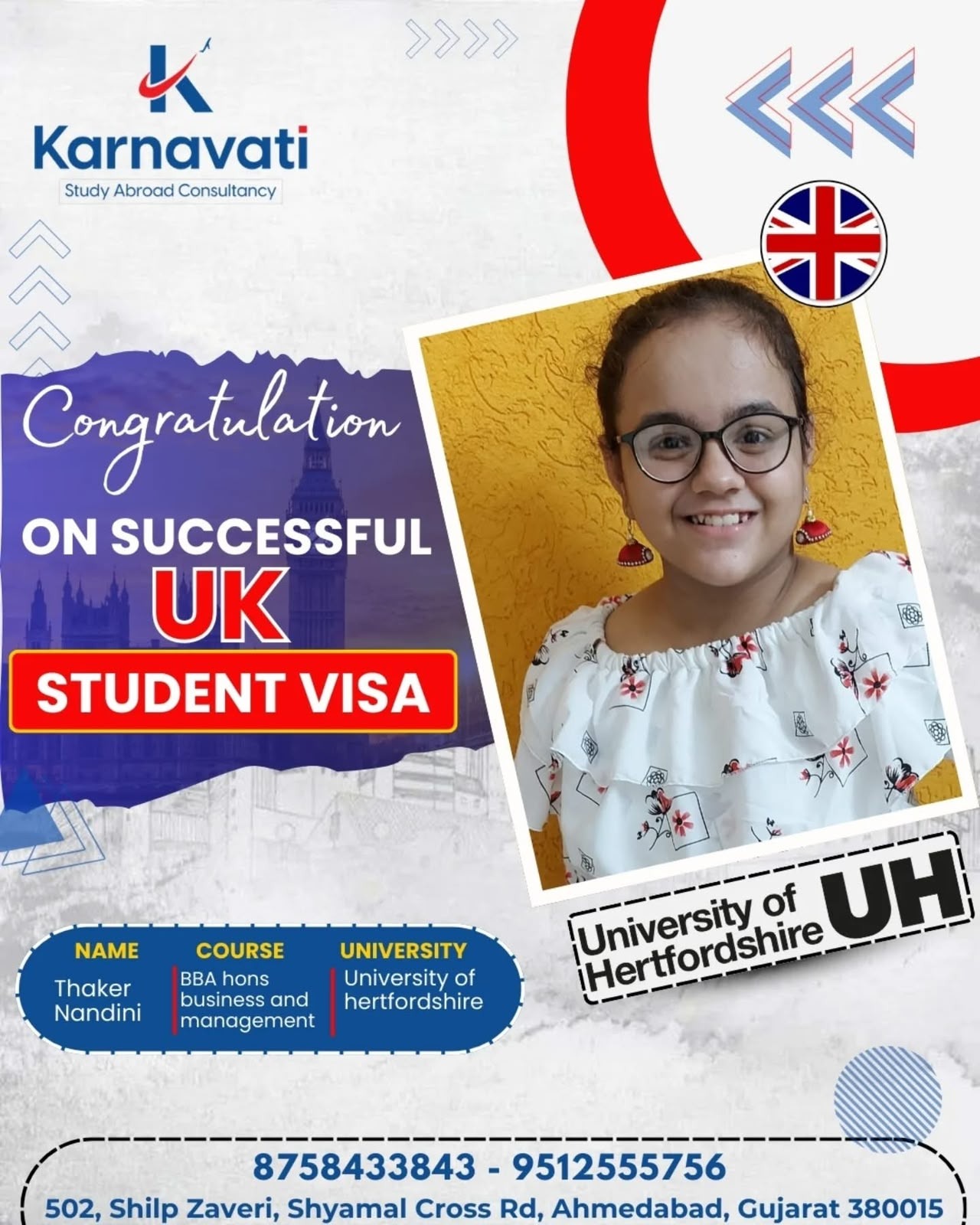 Thaker Nandini visa success with University of Hertfordshire