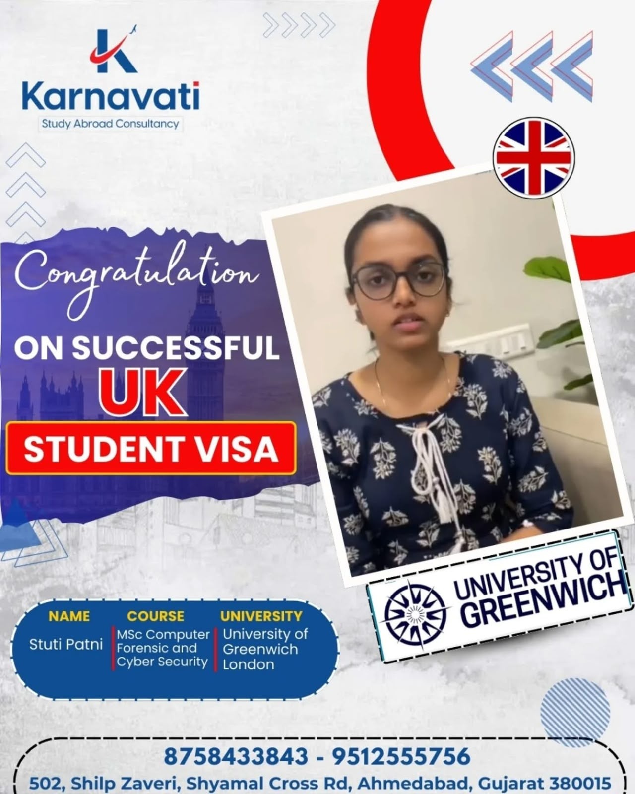 Stuti Patni visa success with University of Greenwich