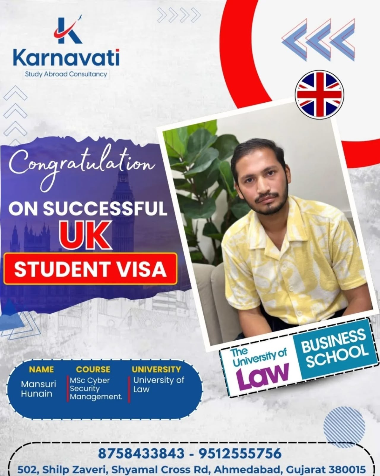 Mansuri Hunain visa success with University of Law