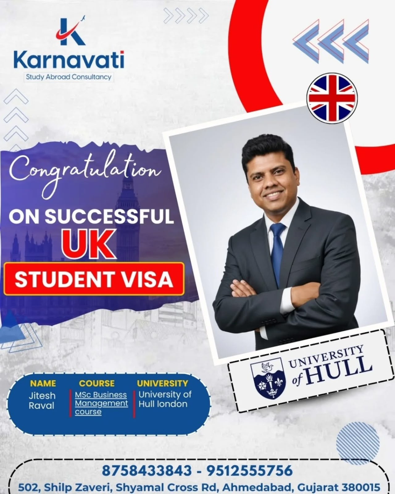 Jitesh Raval visa success with University of Hull London