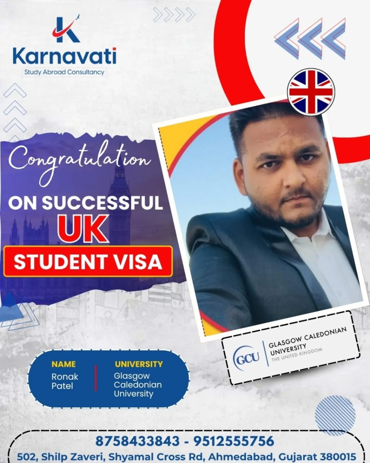 Ronak Patel visa success with Glasgow Caledonian University