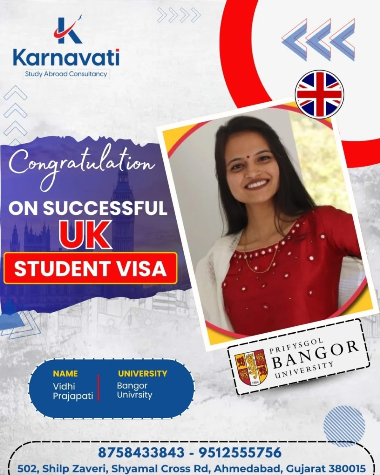 Vidhi Prajapati visa success with Bangor University