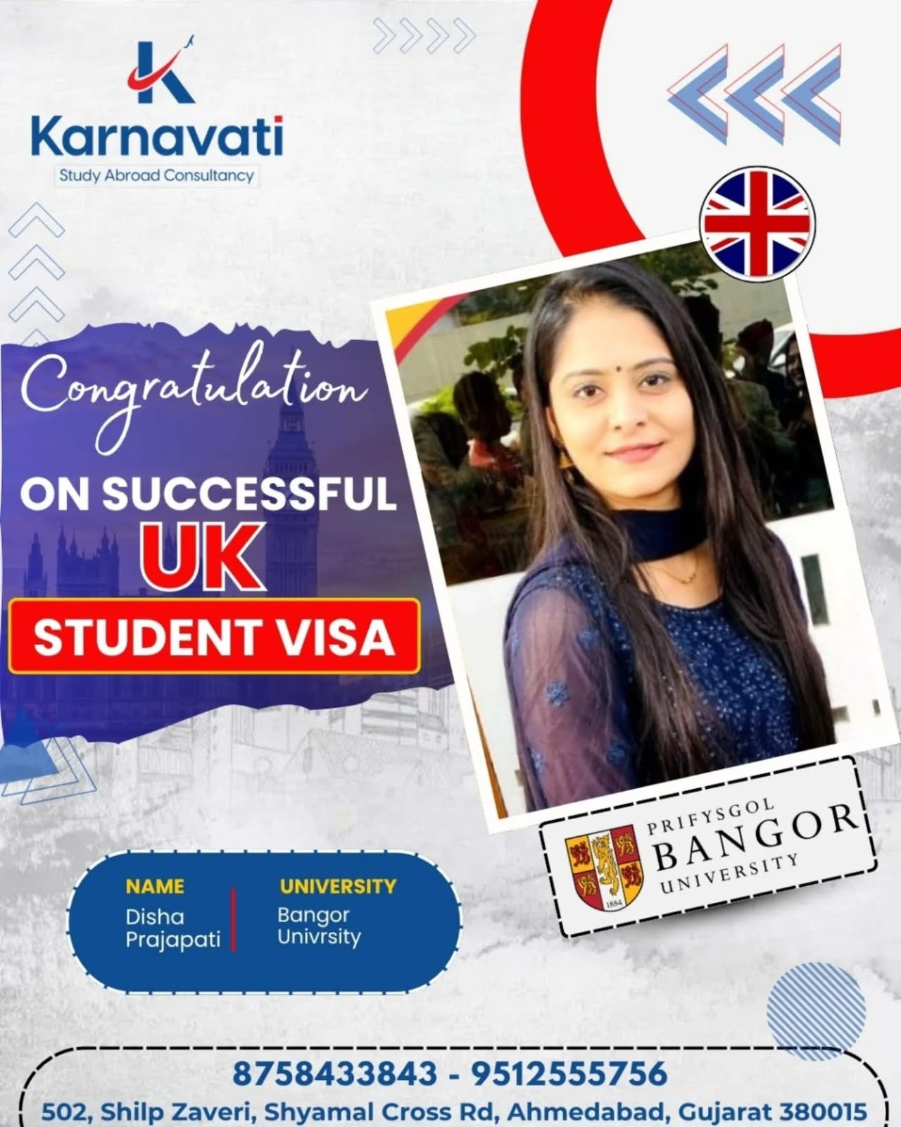 Disha Prajapati visa success with Bangor University
