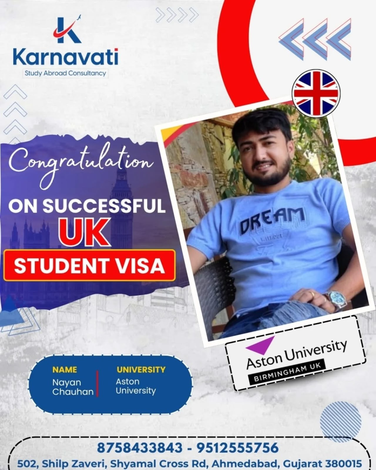 Nayan Chauhan visa success with Aston University