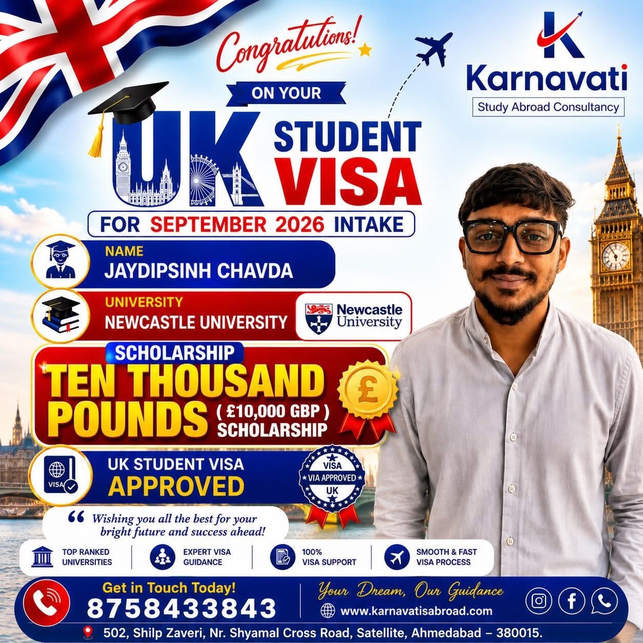 Jaydipsinh Chavda visa success with Newcastle University